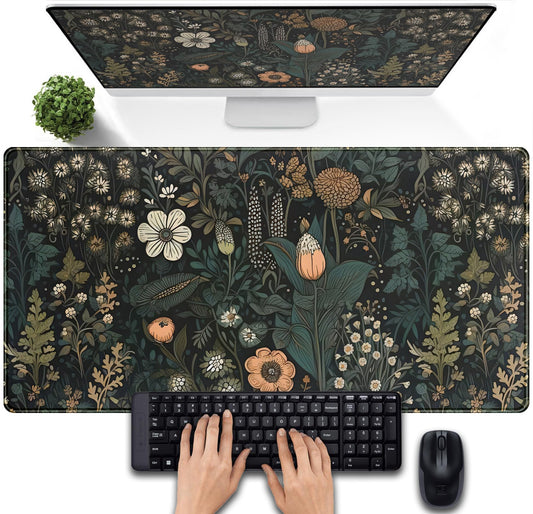Dark Flower Desk Mat Floral Plants Mouse Pad, Aesthetic Wildflowers Large Gaming Mousepad Desk Pad