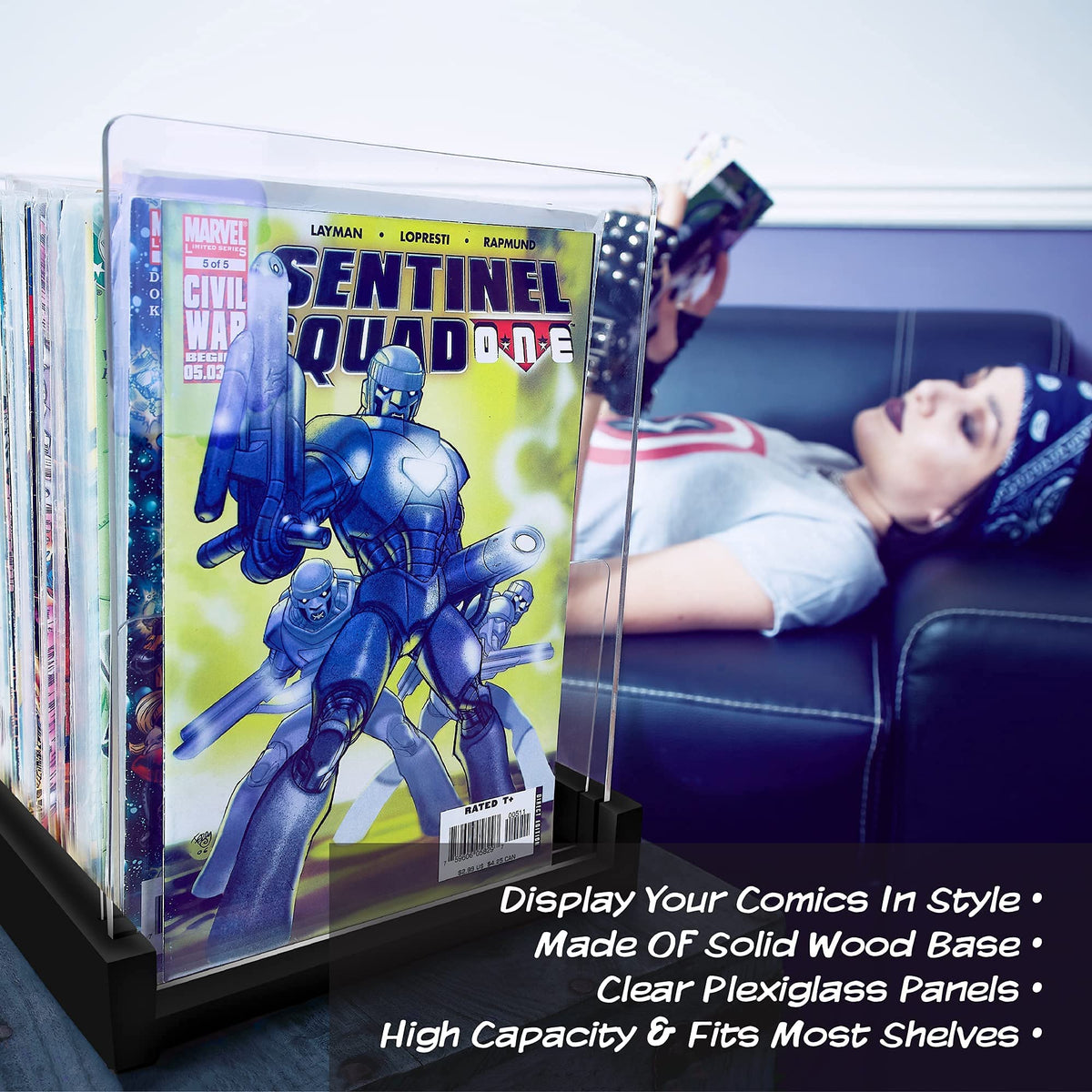 Komiq Patented Comic Book Storage Holder – Wooden & Acrylic Display Box/Case for Collectors