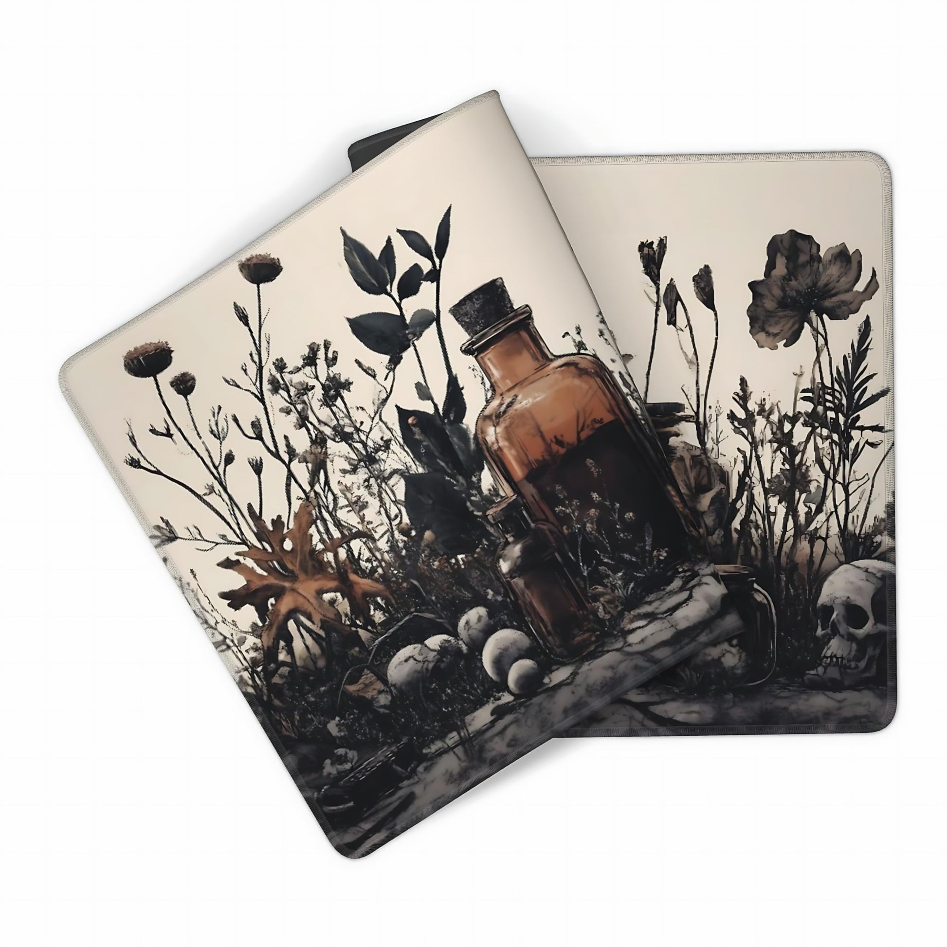 Aesthetic Skull Gaming Mouse Pad, Earth Tone Vintage Botanical Desk Mat with Anti-Slip Base &
