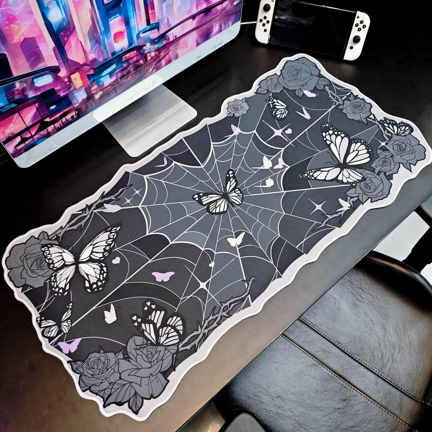 BelugaDesign Butterfly Desk Pad | Rose Spider Web Kawaii Cute Keyboard Gaming PC Laptop Mat | Large
