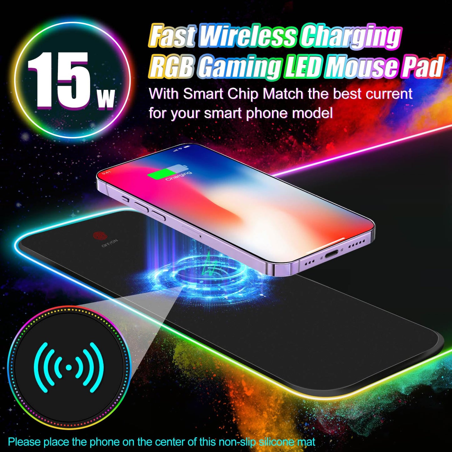 ToLuLu Wireless Charging RGB Gaming Mouse Pad, 15W LED Mouse Mat with 30W Charger, 14 Light Modes
