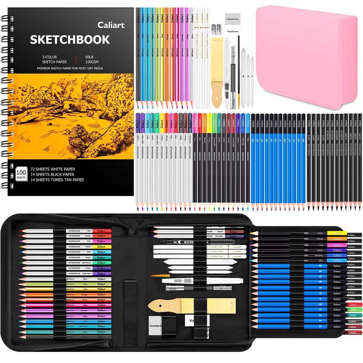 Caliart 176PCS Art Supplies Sketching Kit, 100 Sheets 3-Color Sketch Book