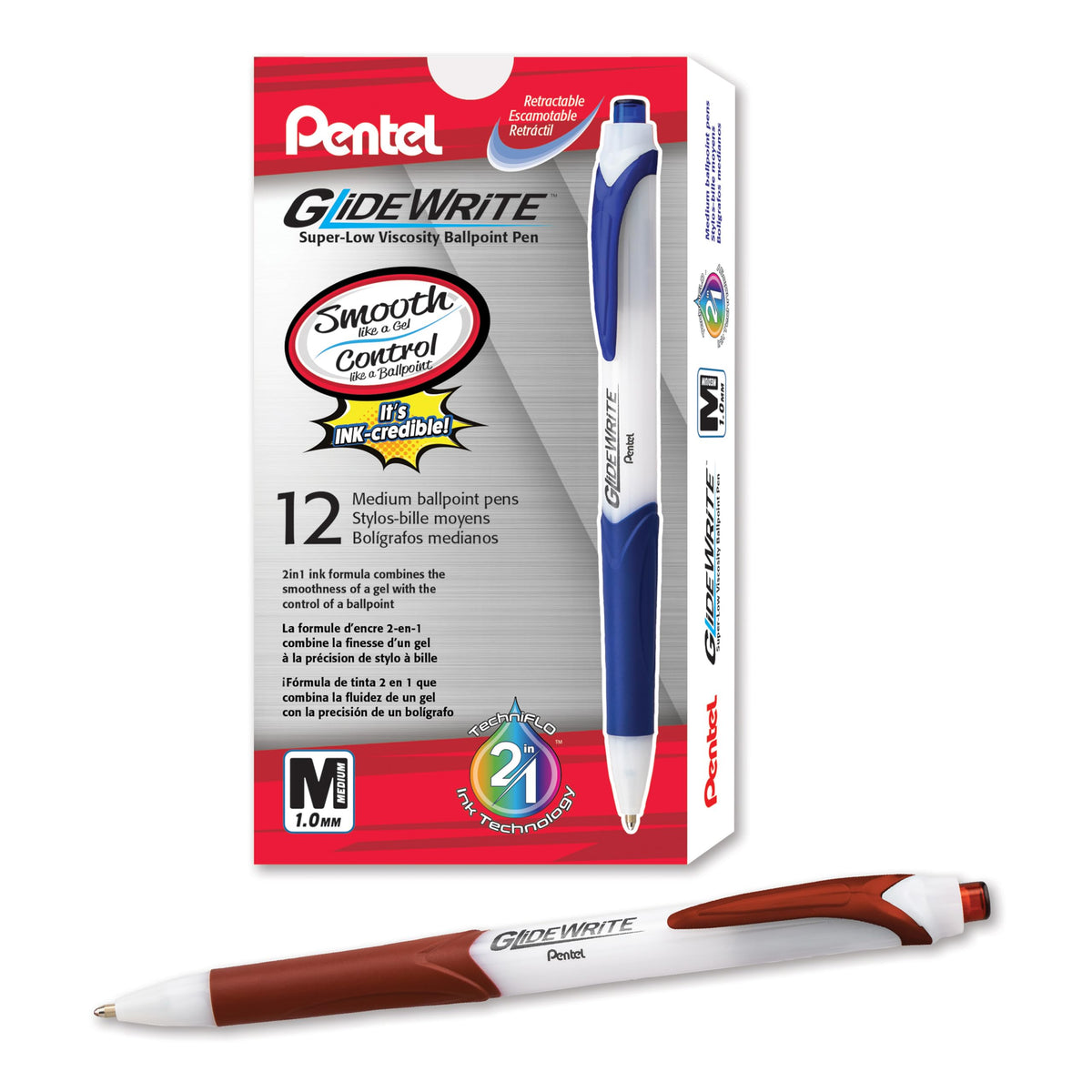 Pentel GlideWrite Ballpoint Pen with TechniFlo Ink, (1.0mm) Medium Line, Brown Ink, Box of 12