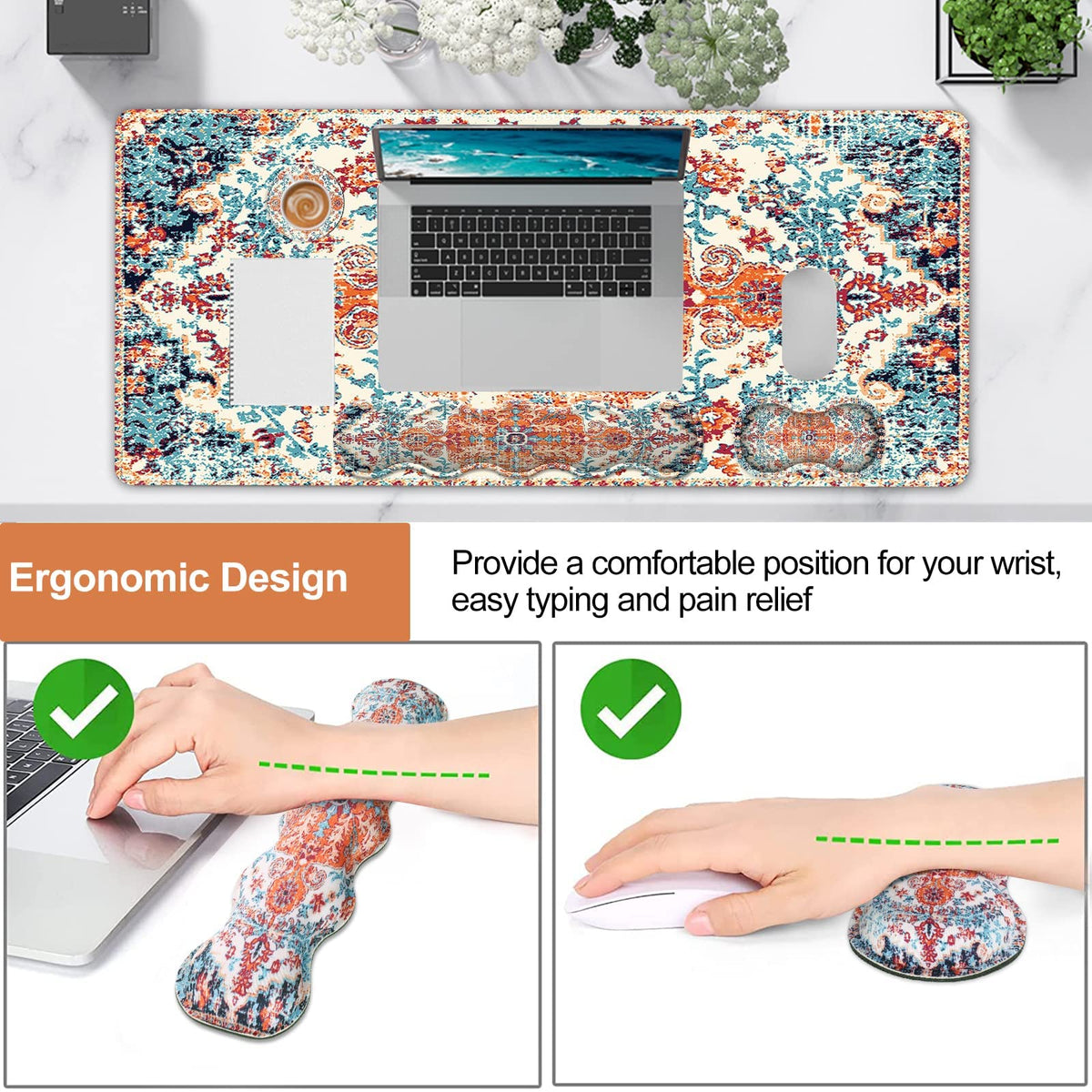 iLeadon Keyboard Mouse Pad Set, Large Boho Desk Mat with Wrist Rest