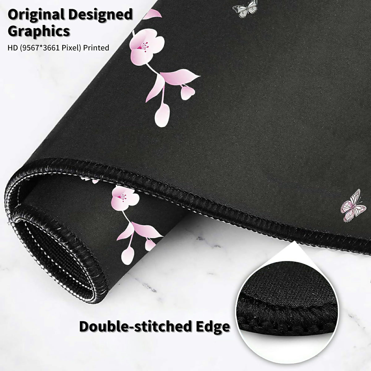 Japanese Sakura Cherry Blossom Pink Black Mouse Pad Large with Coaster, 35.4"x15.7" Full Desk