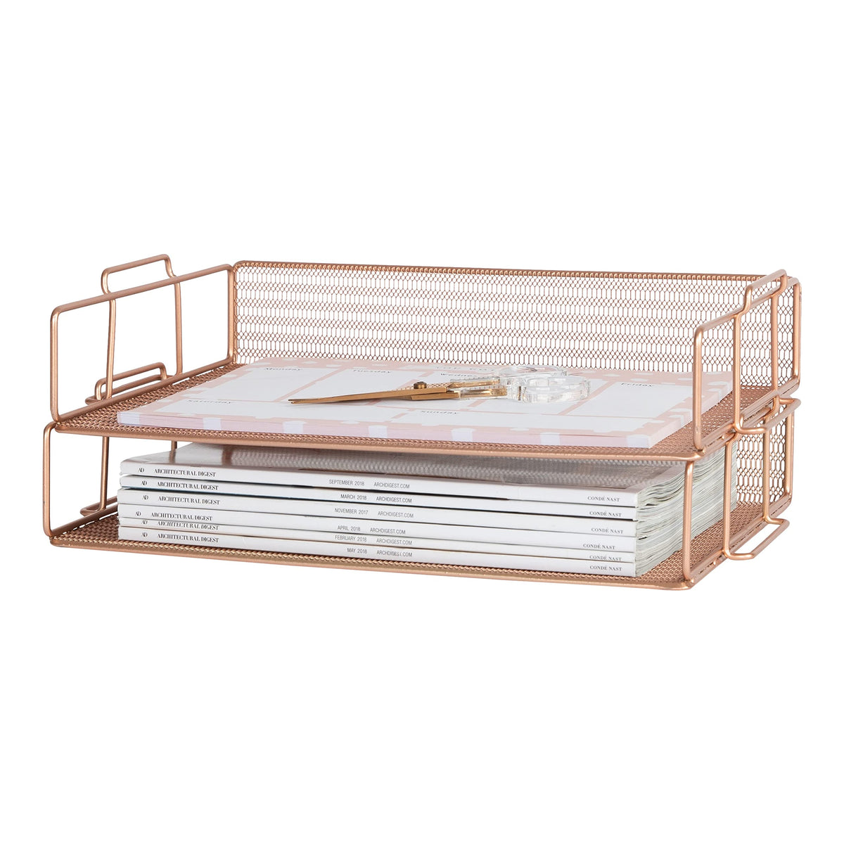 BLU MONACO | Rose Gold Mesh Paper Tray Set of 2 | Stackable Letter Trays for Desk Organization |