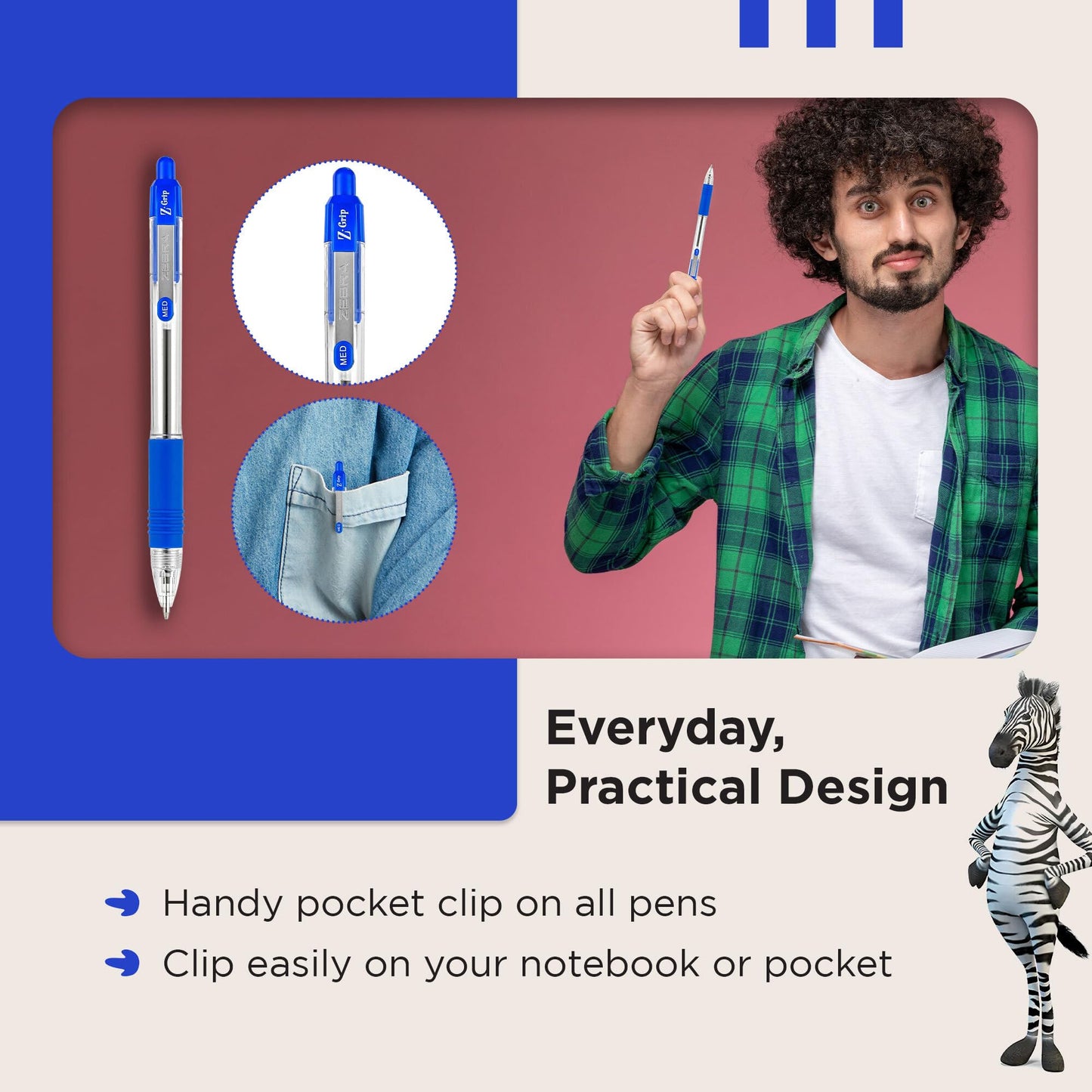 Zebra Pen Z Grip Blue Ballpoint Pens with Pocket Clip 8pk, Retractable Blue Ink Ballpoint Pens