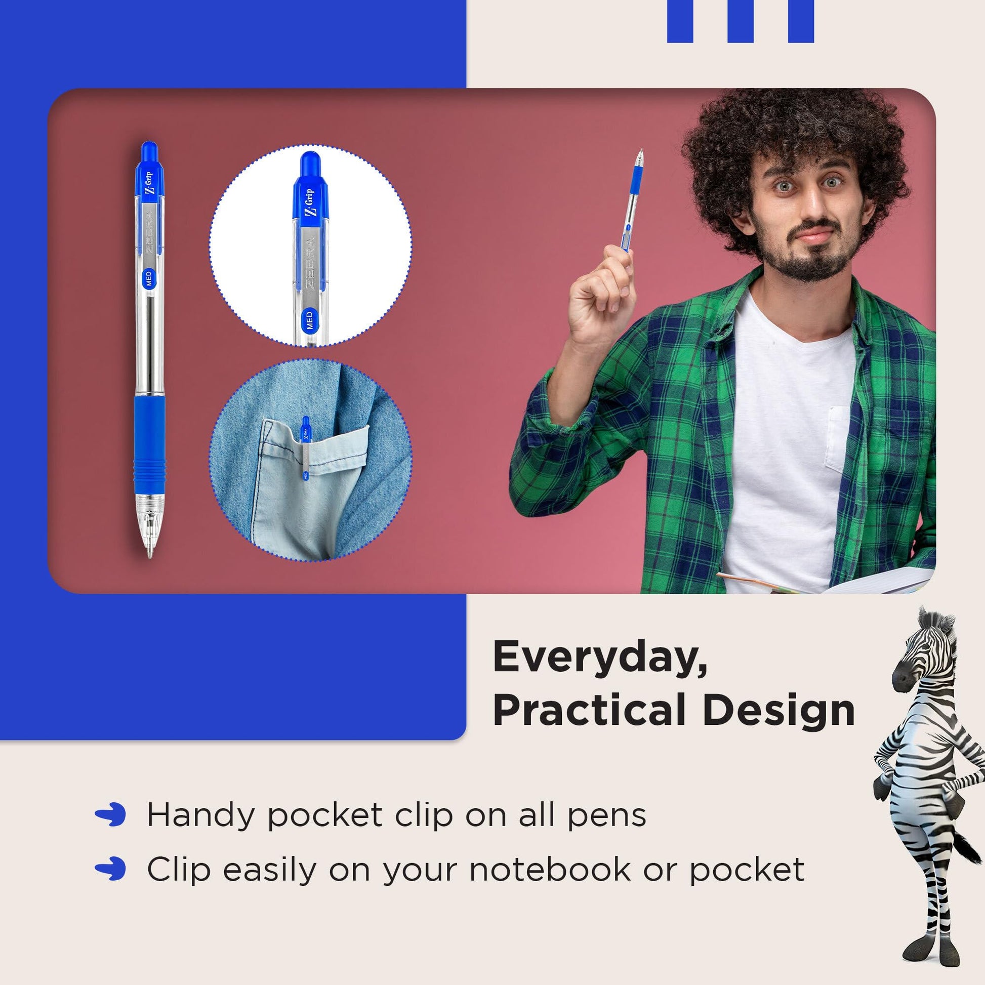 Zebra Pen Z Grip Blue Ballpoint Pens with Pocket Clip 8pk, Retractable Blue Ink Ballpoint Pens