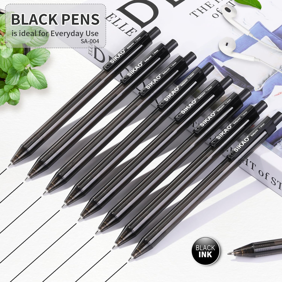 Sikao Black Pens Bulk, 60 Pack Retractable Ballpoint Pens Black Ink