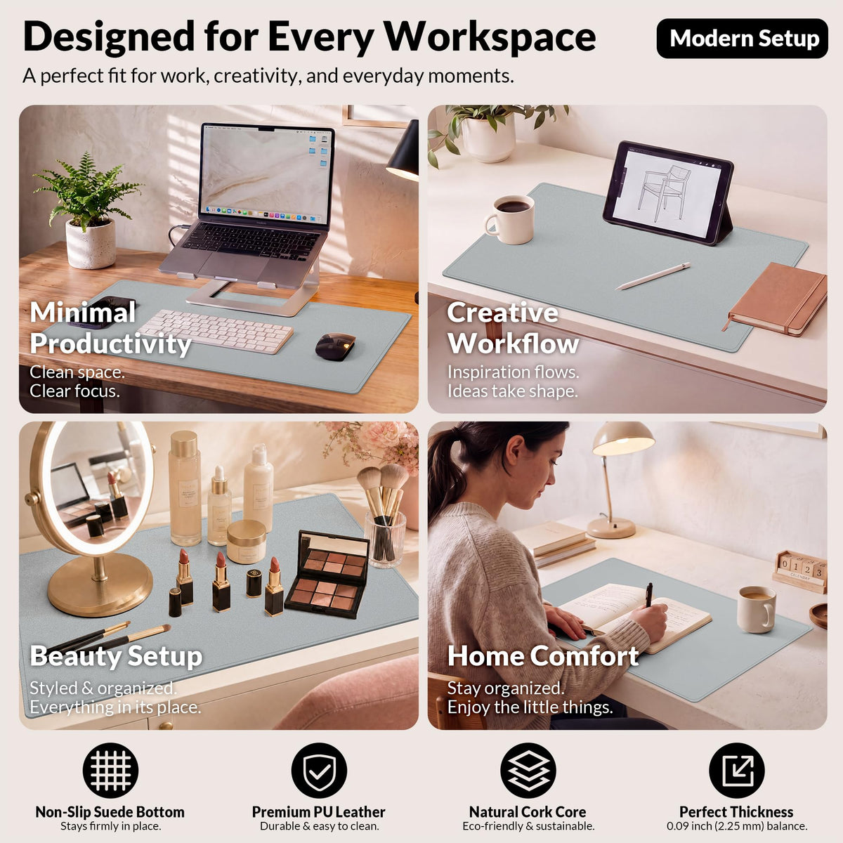 AFIING Cork Desk Mat, 35.4" x 17", Light Grey,Desk pad Protector