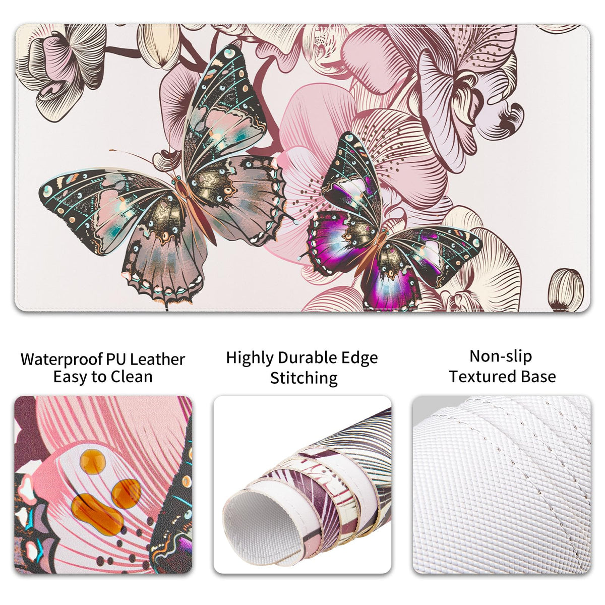 QiyI PU Leather Desk Mat Set, 4-in-1 Ergonomic Wrist Rest, Butterflies