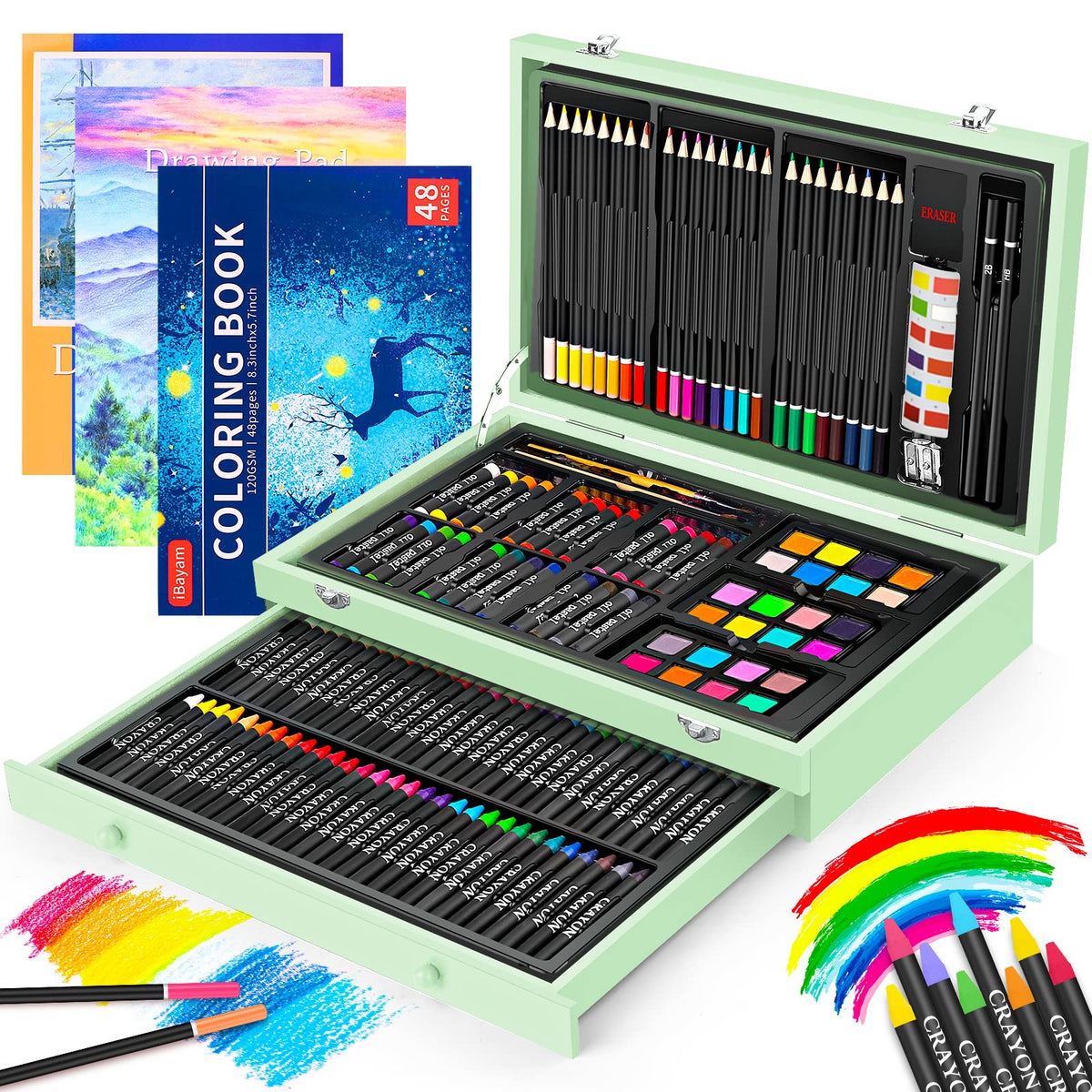 iBayam Art Supplies, 150-Pack Deluxe Wooden Art Set Drawing Painting Kit