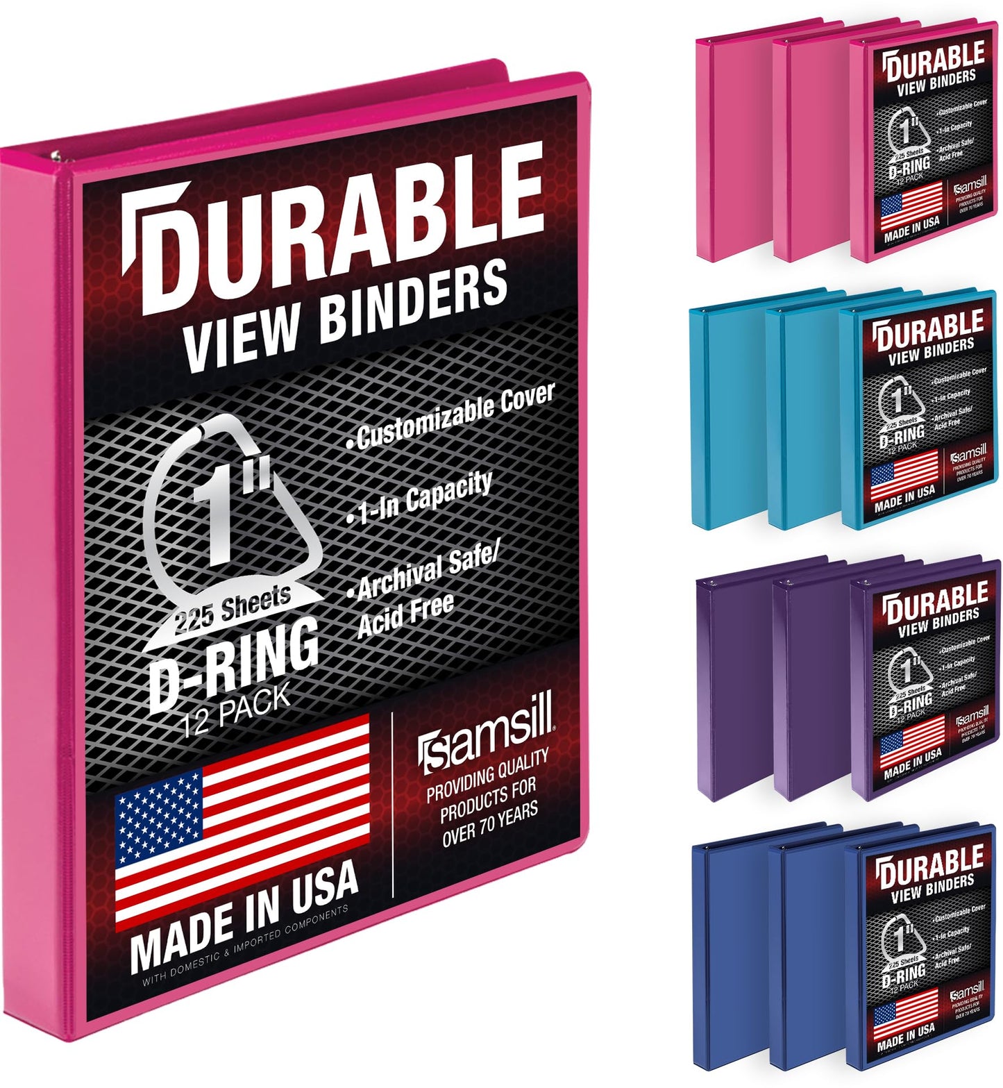 Samsill Durable 1 inch 3 Ring Binder, D Ring Binder, 100% Recycled Chipboard, Fashion Assortment