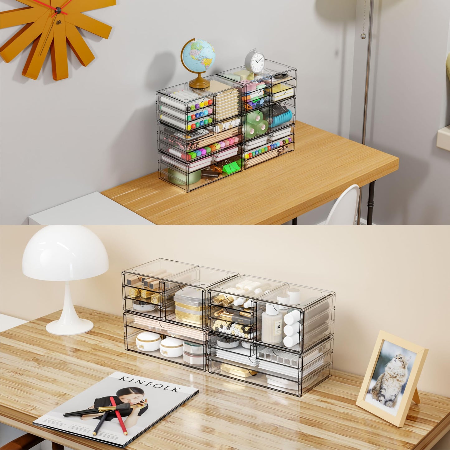 Yieach 2 Pack Acrylic Storage Drawers With 12 Small Drawer,Stackable Office Cabinet Organizer and