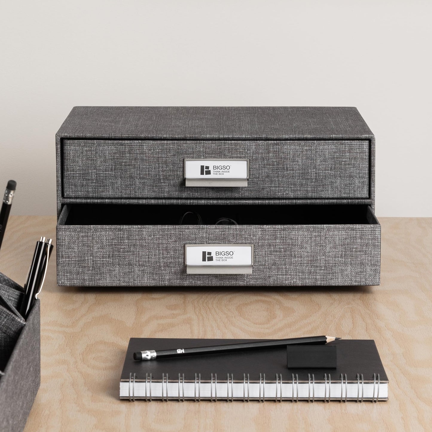 Bigso Birger 2-Drawer Canvas Fiberboard Easy Pull Handle Box - Desktop Drawers for A4 and Letter