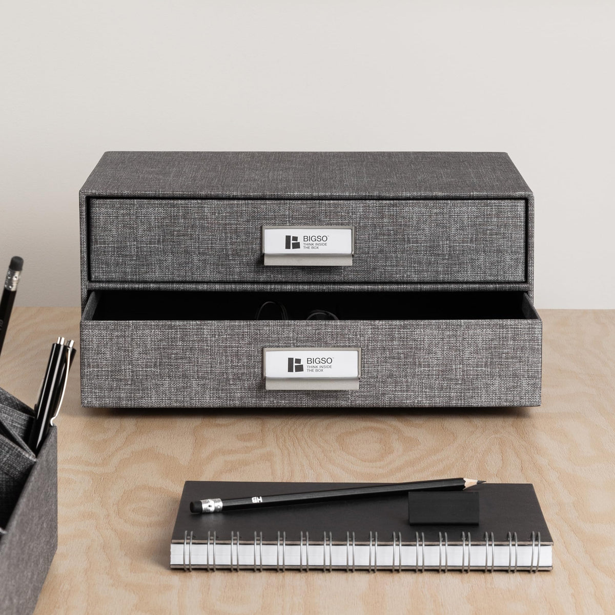 Bigso Birger 2-Drawer Canvas Fiberboard Easy Pull Handle Box - Desktop Drawers for A4 and Letter