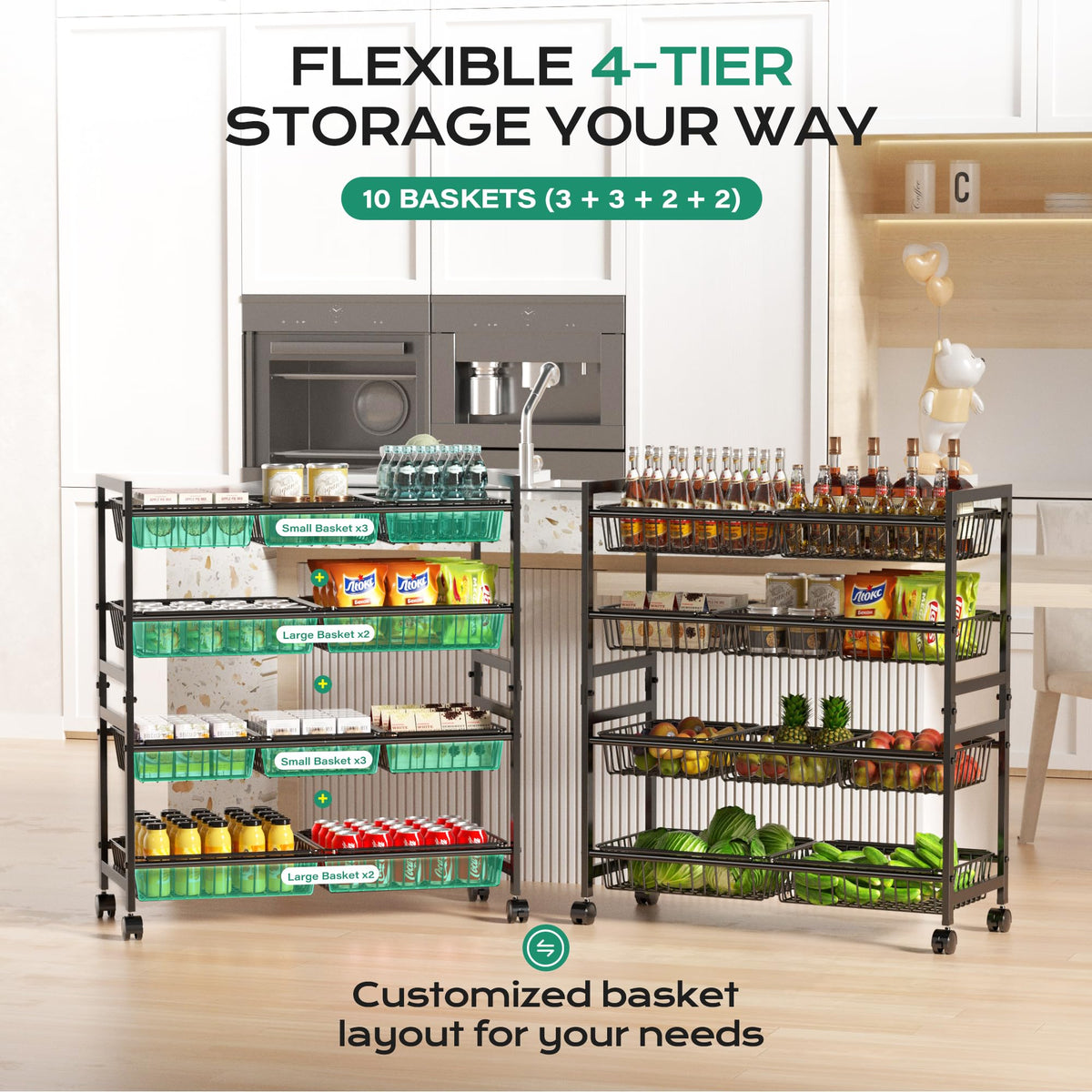 Cinati 4-Tier Snack Cart with Wheels, 29''W Toy Storage Organizer, Rolling Pantry Storage Cart with