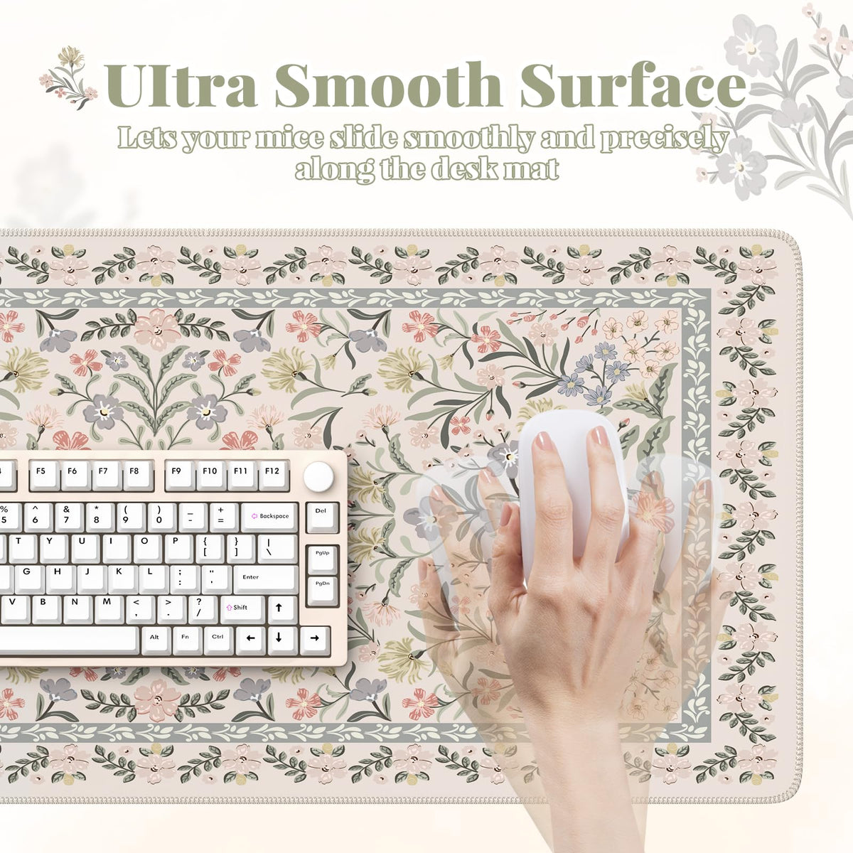 HAOCOO Boho Floral Desk Mat, Vintage Botanical Mouse Pad for Office(Grey)