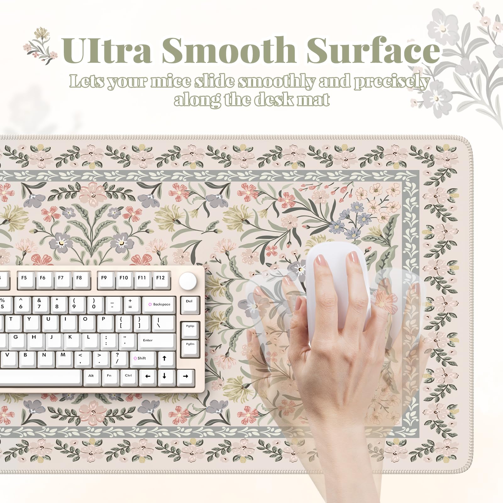 HAOCOO Boho Floral Desk Mat, Vintage Botanical Mouse Pad for Office(Grey)