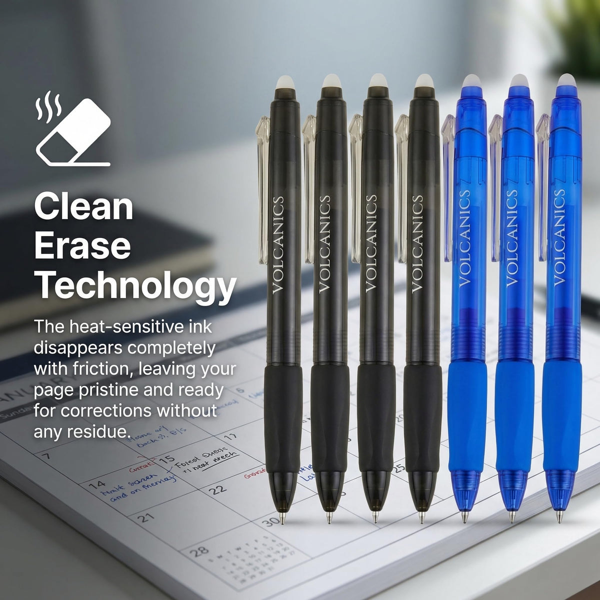 Volcanics Retractable Clicker Erasable Gel Pens - 0.7mm Ball Point, Heat Erase with Built-in