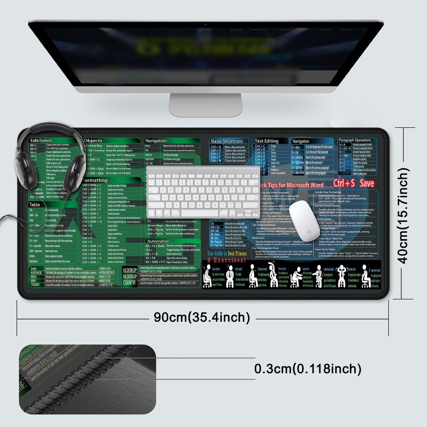 secret corner excel&Word Cheat Sheet Mousepad,XXL 35.4"x15.7" Office Desk Accessories mat, Computer