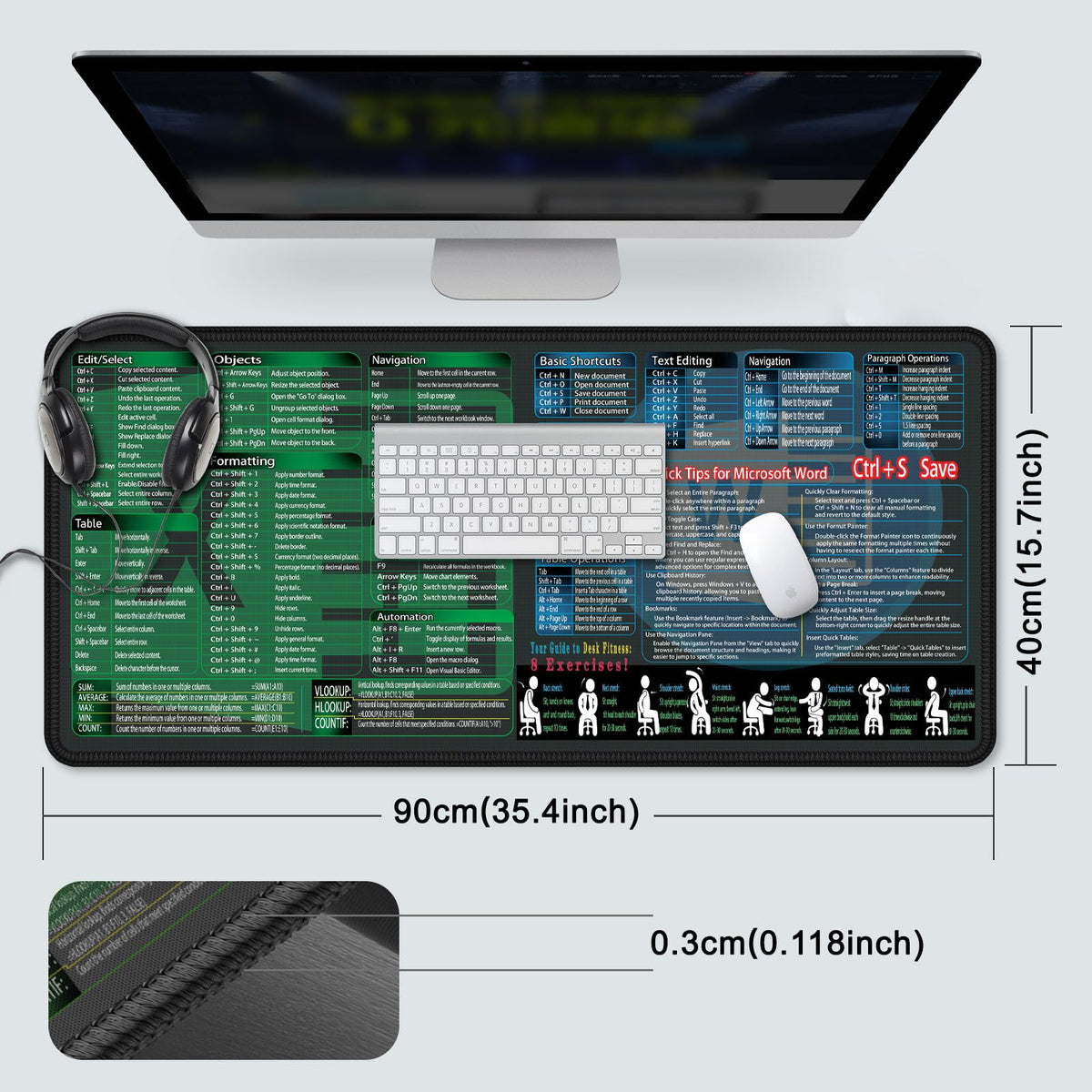 secret corner excel&Word Cheat Sheet Mousepad,XXL 35.4"x15.7" Office Desk Accessories mat, Computer