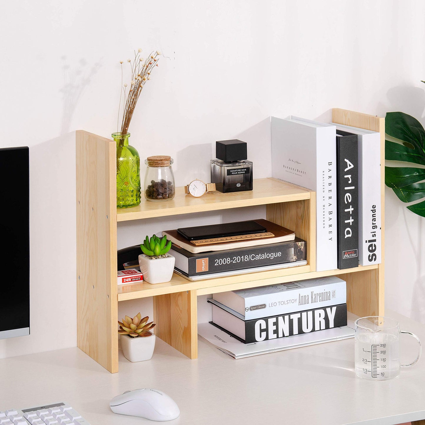 VERGOODR Desktop Organizer Office Storage Rack Adjustable Natural Wood Display Book Shelf Stand