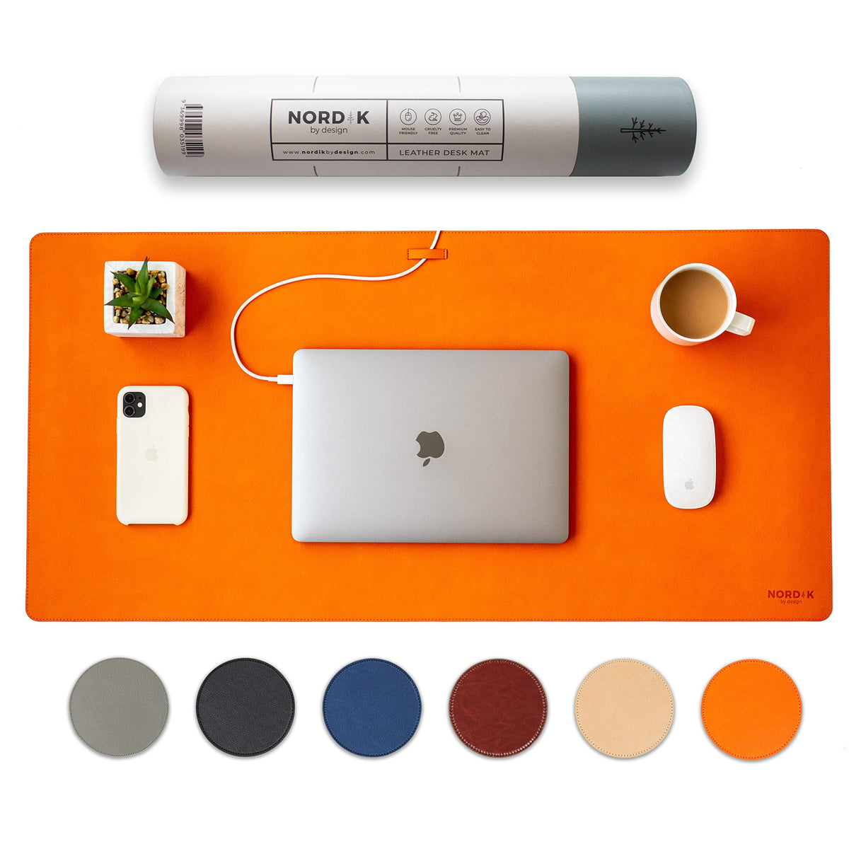 Nordik Leather Desk Mat -Tangerine Orange- Large Leather Desk Pad 35x17in