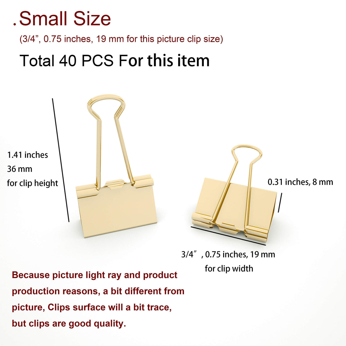nctinystore Binder Clips Small Metal Clamp - 3/4 in (0.75 inch) (Gold, 40 - Count)