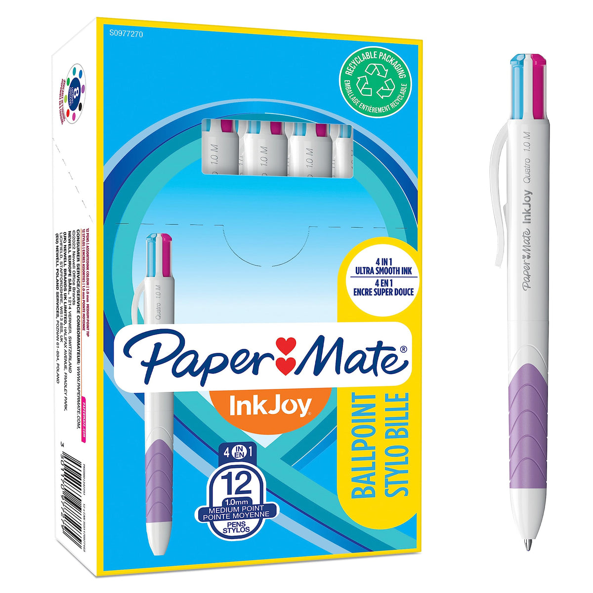 Paper Mate InkJoy Quatro 4-Colour Ballpoint Pen | Assorted Fun Colours | Medium Point (1.0mm) | 12