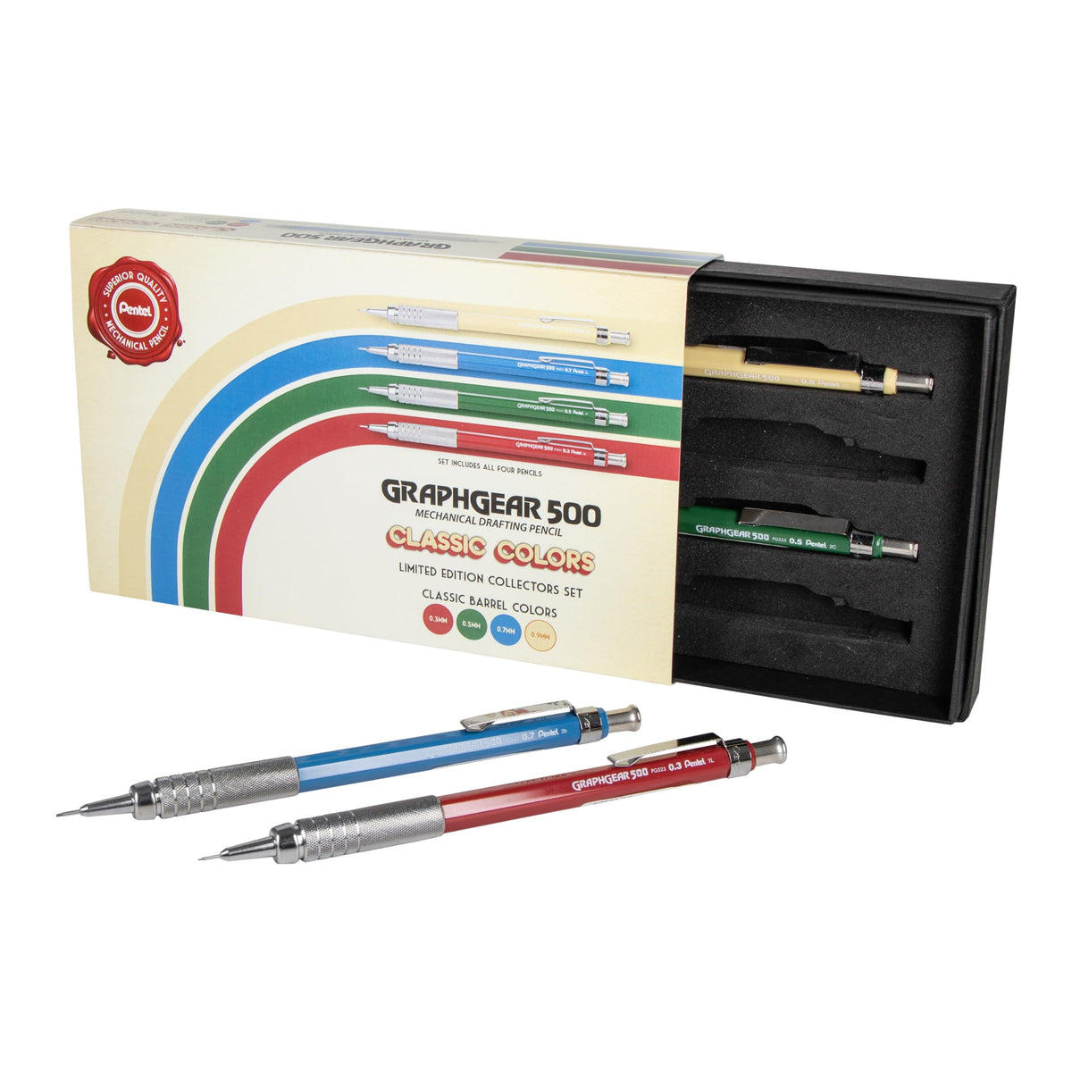 Pentel GraphGear 500 Limited Edition Mechanical Pencil, Classic Colors Box Set, 0.3, 0.5, 0.7