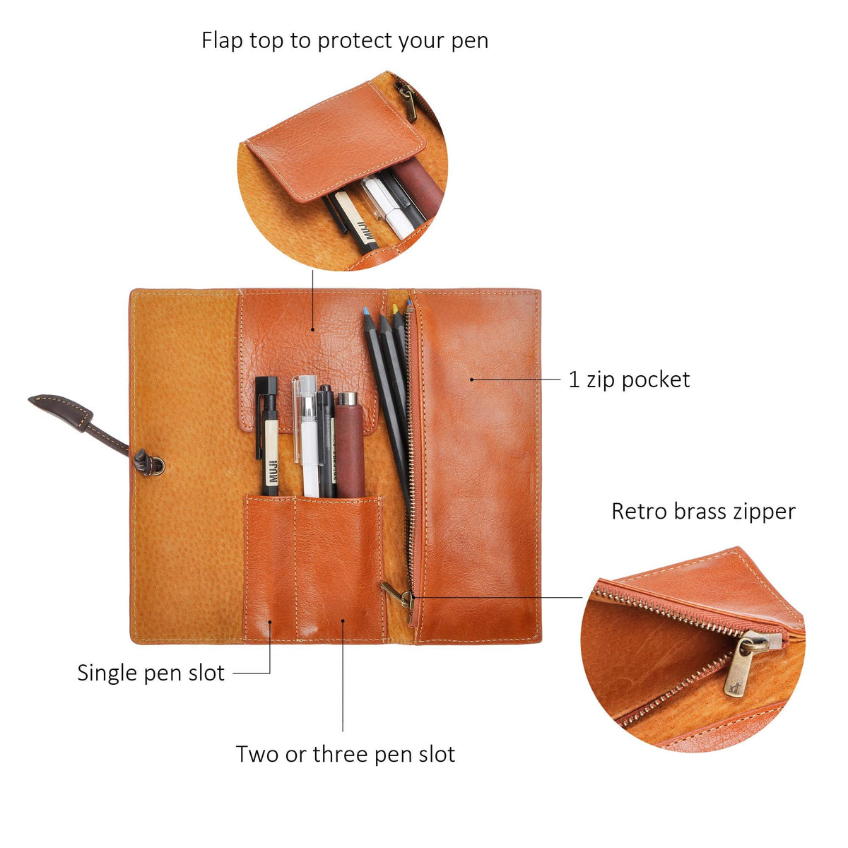 ZLYC Handmade Leather Pencil Case Soft Roll Bag Stationery Gift,Brown