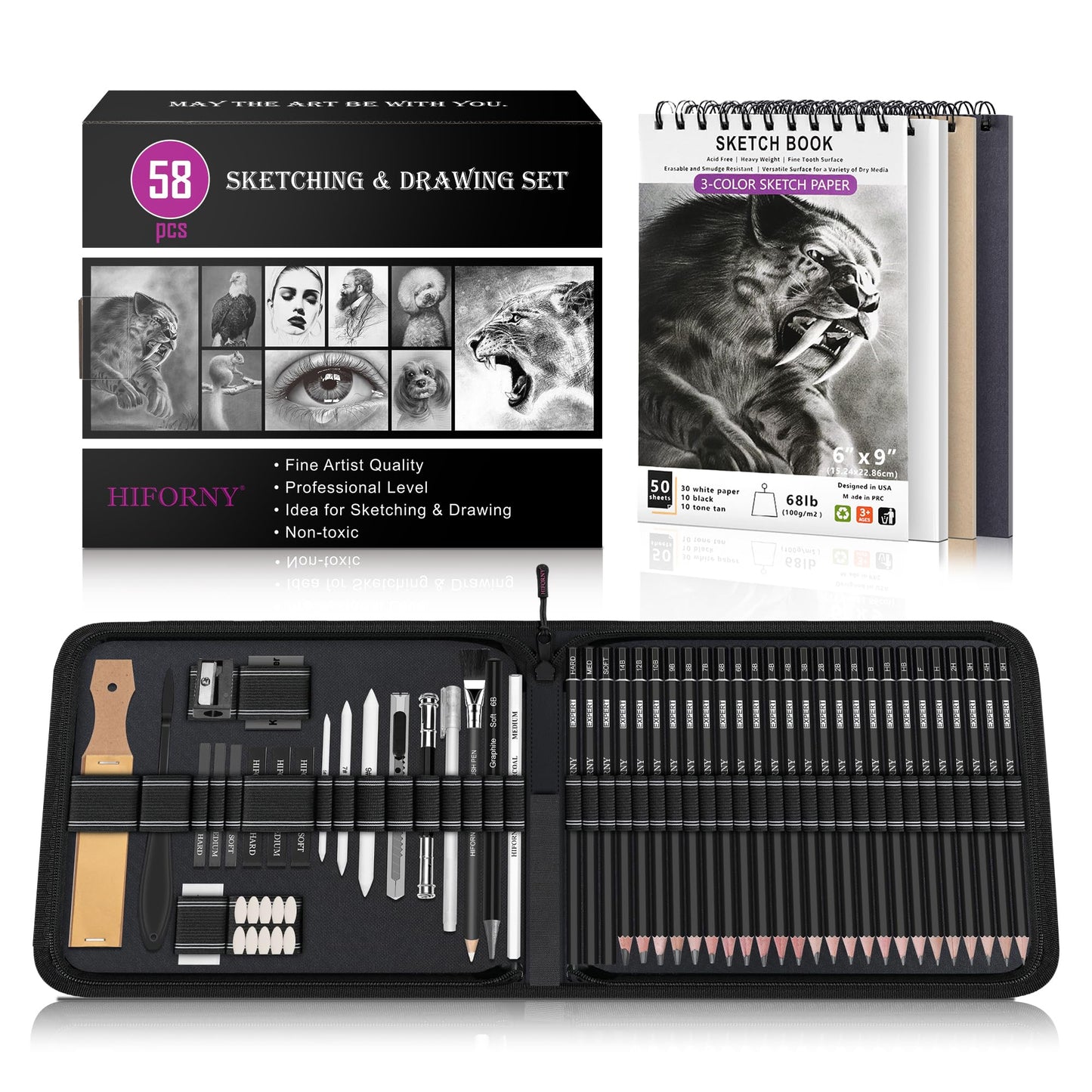 HIFORNY 58 PCS Drawing Kit Sketching Pencil Set,Sketch Pencils Art Supplies with 3-Color