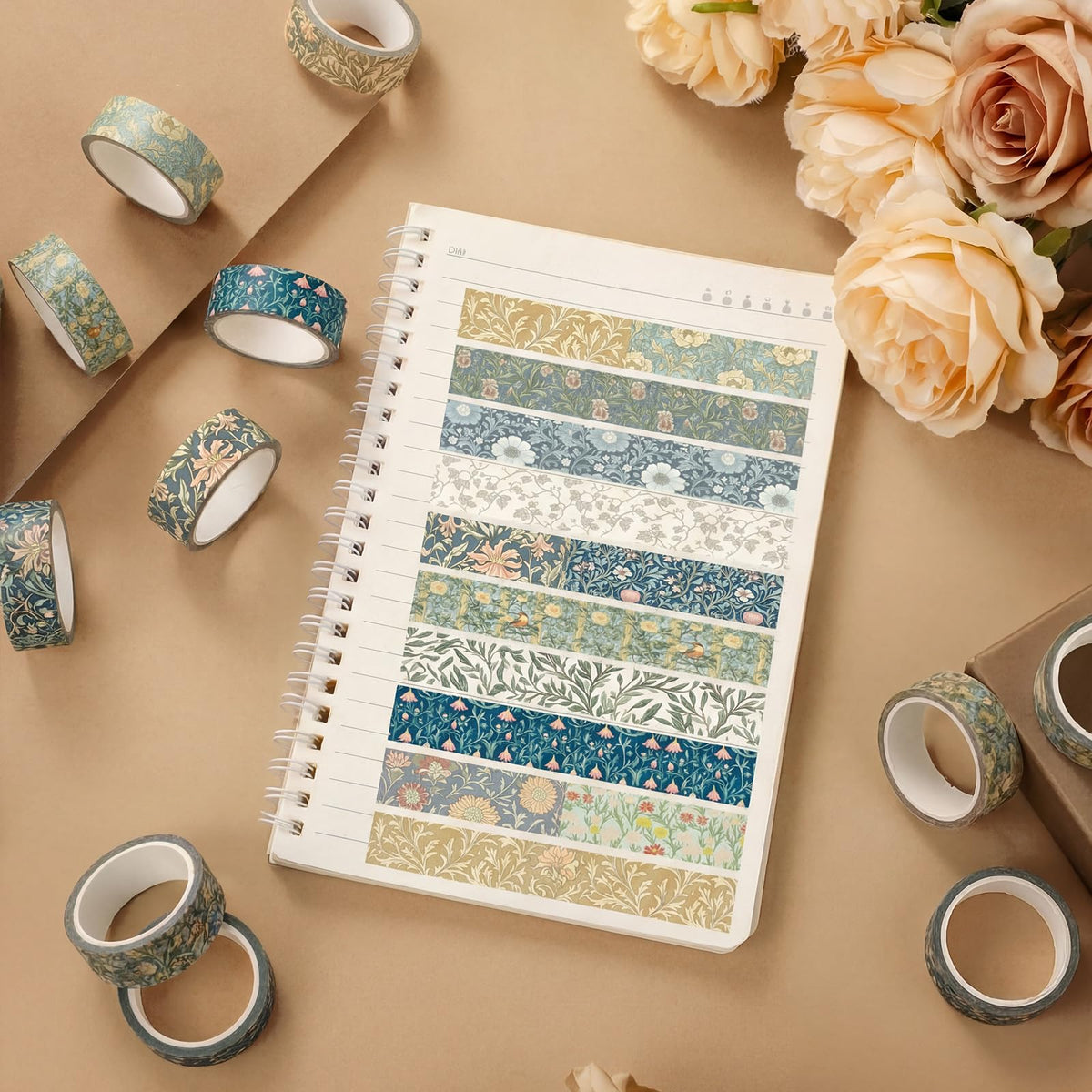 YooNotee 12 Rolls Floral Washi Tape Set,Earthy Tones,William Morris