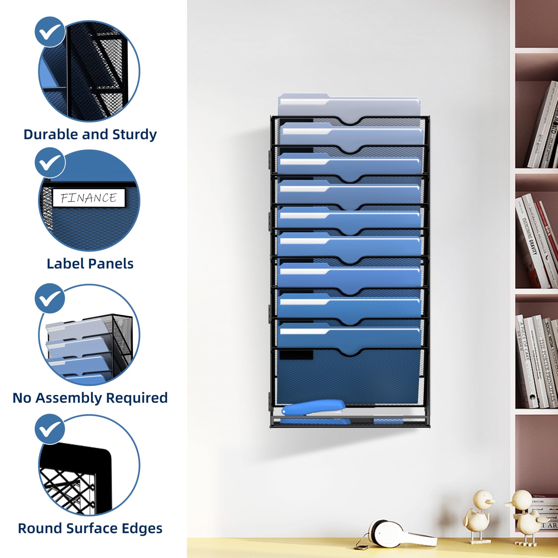 DALTACK Wall File Holder 10 Tier Hanging Wall File Organizer, for Papers Mails Folders Clipboard