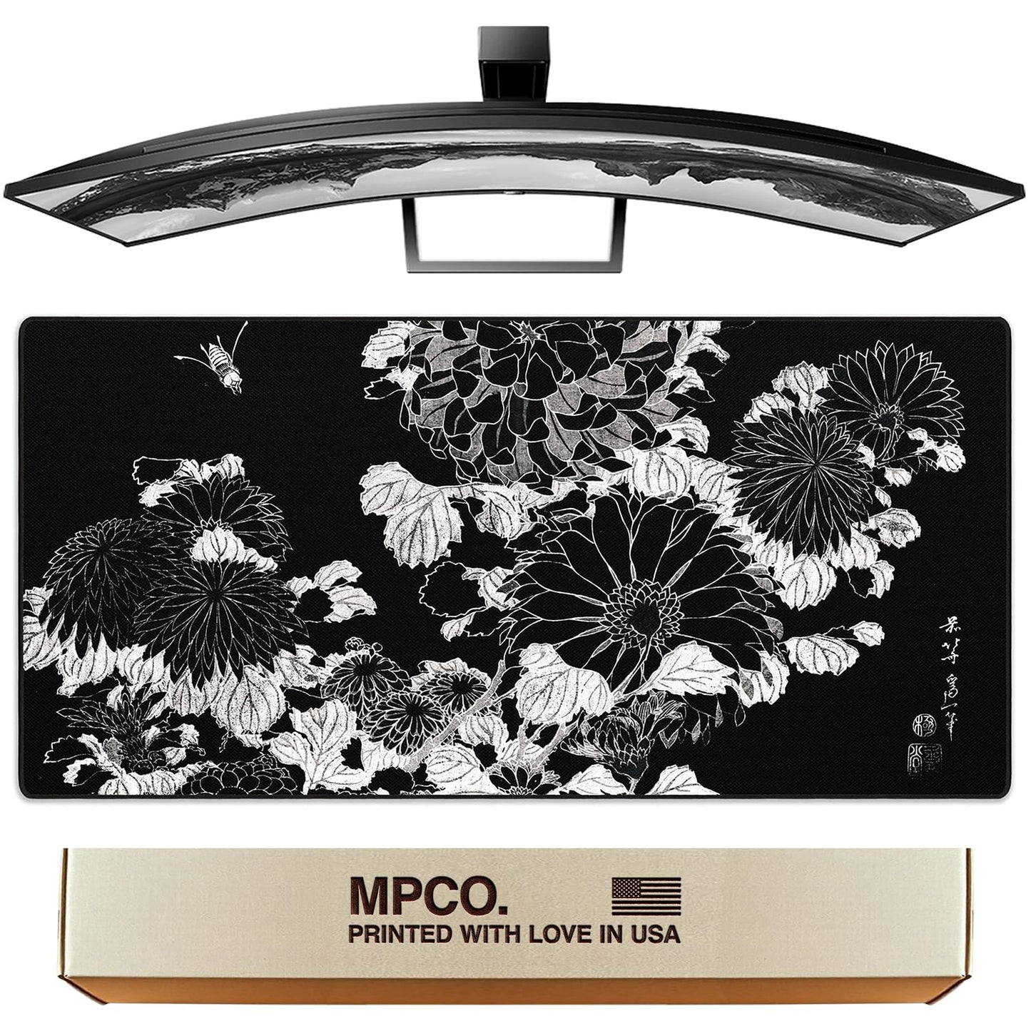MPCO. Chrysanthemums Gaming Desk Pad, 36" x 17" Duraglyde Fabric Desk Mat