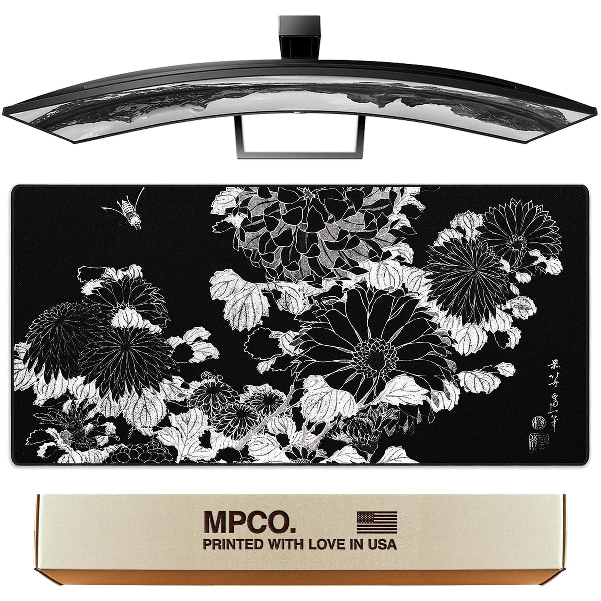 MPCO. Chrysanthemums Gaming Desk Pad, 36" x 17" Duraglyde Fabric Desk Mat