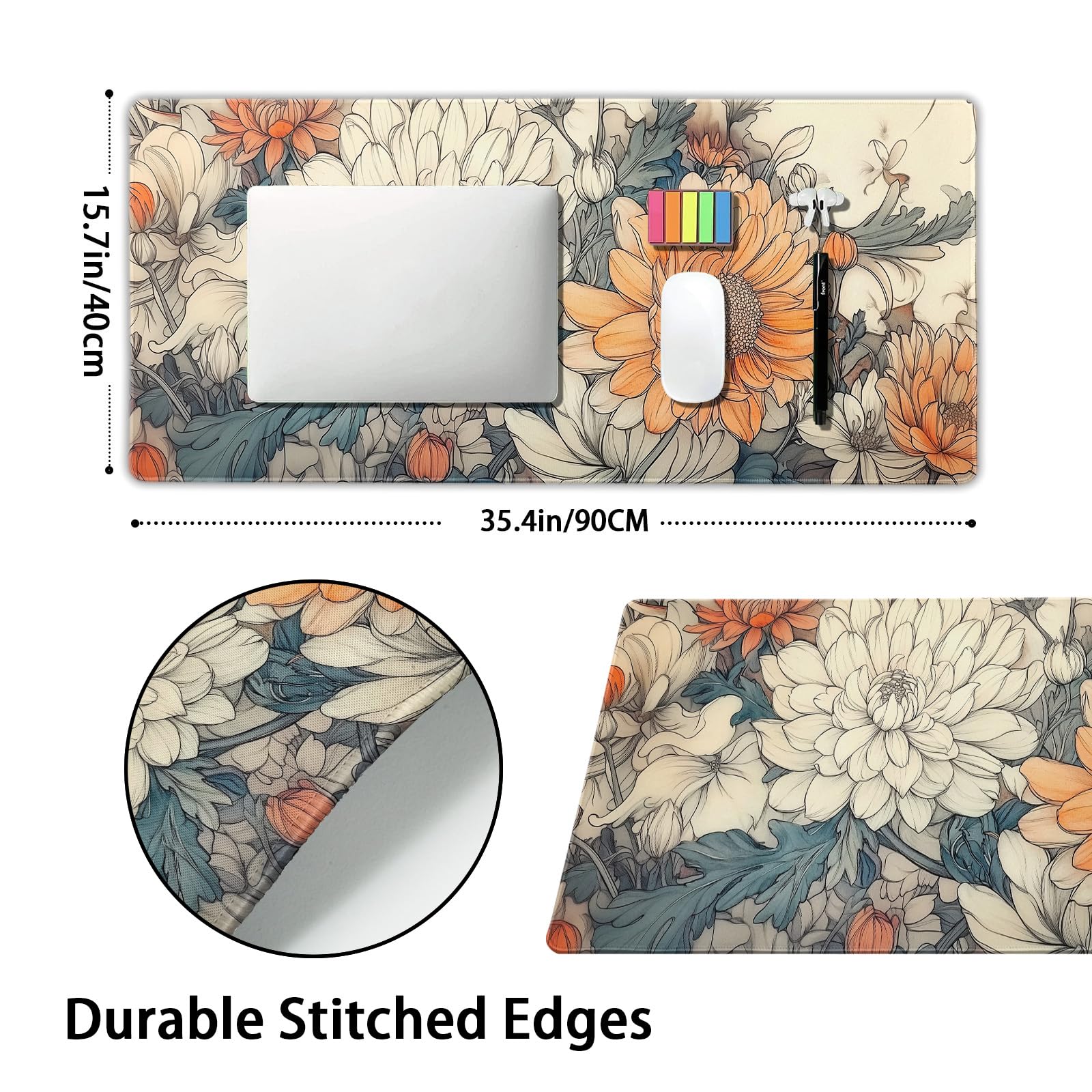 Minimalist Floral Gaming Mouse Pad XXL White Orange Aesthetic Flowers Japanese Extended Large Mat