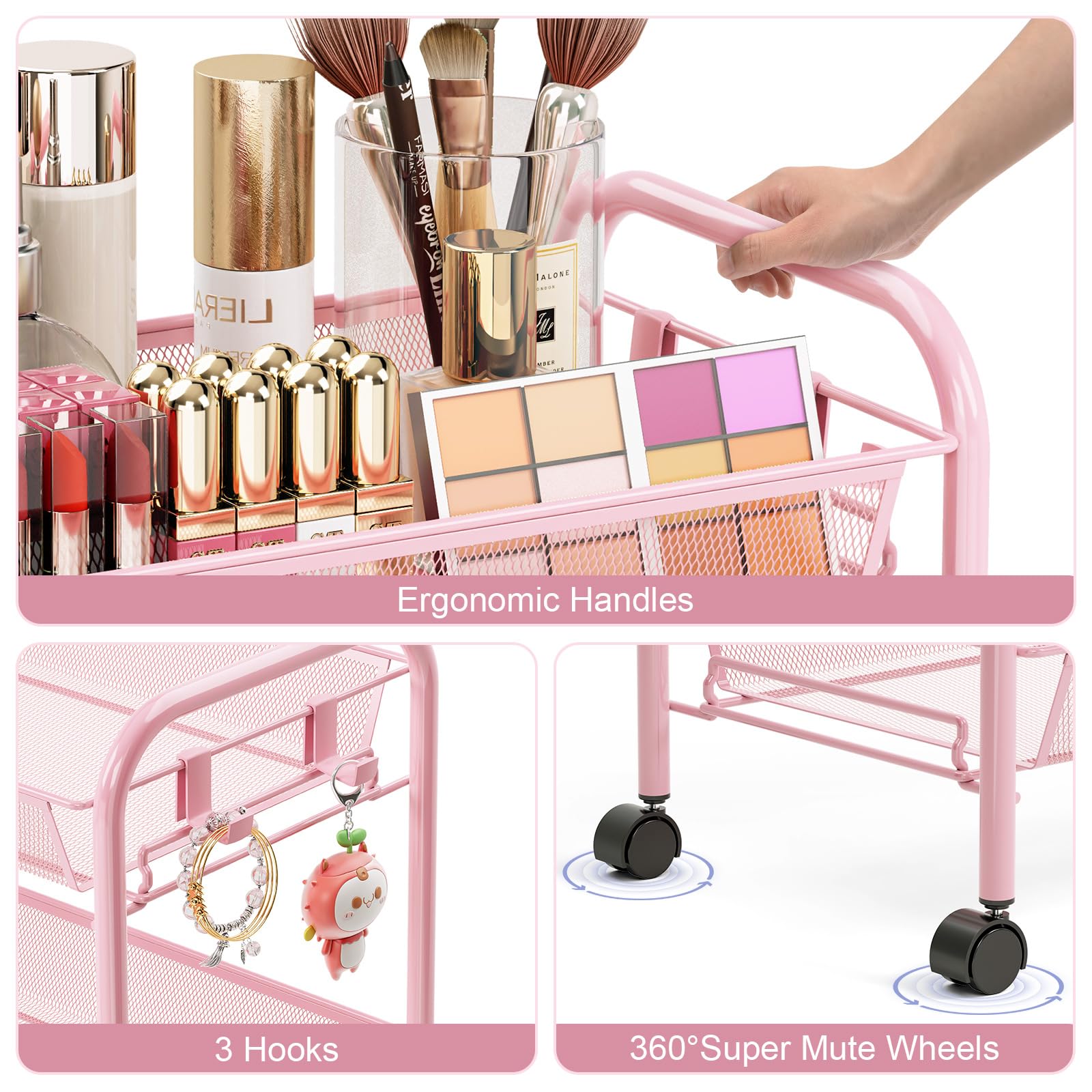 TOOLF 3 Tier Rolling Cart, Metal Utility Storage Cart with Wheels, Pink