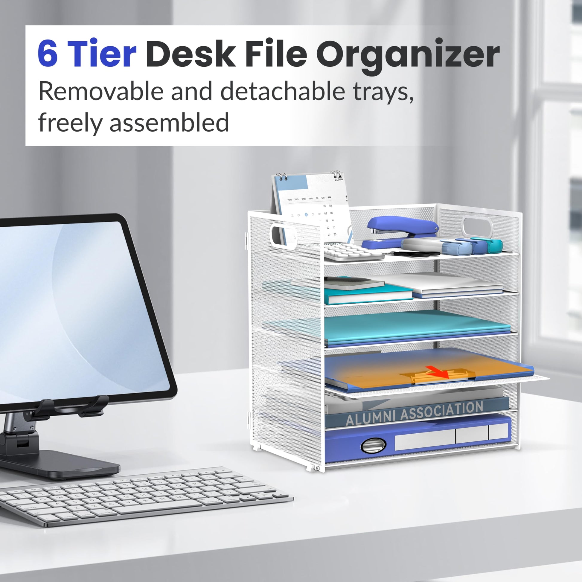 Daltack 6-Tier Paper Organizer for Desk with Handle, White, 2 Pack