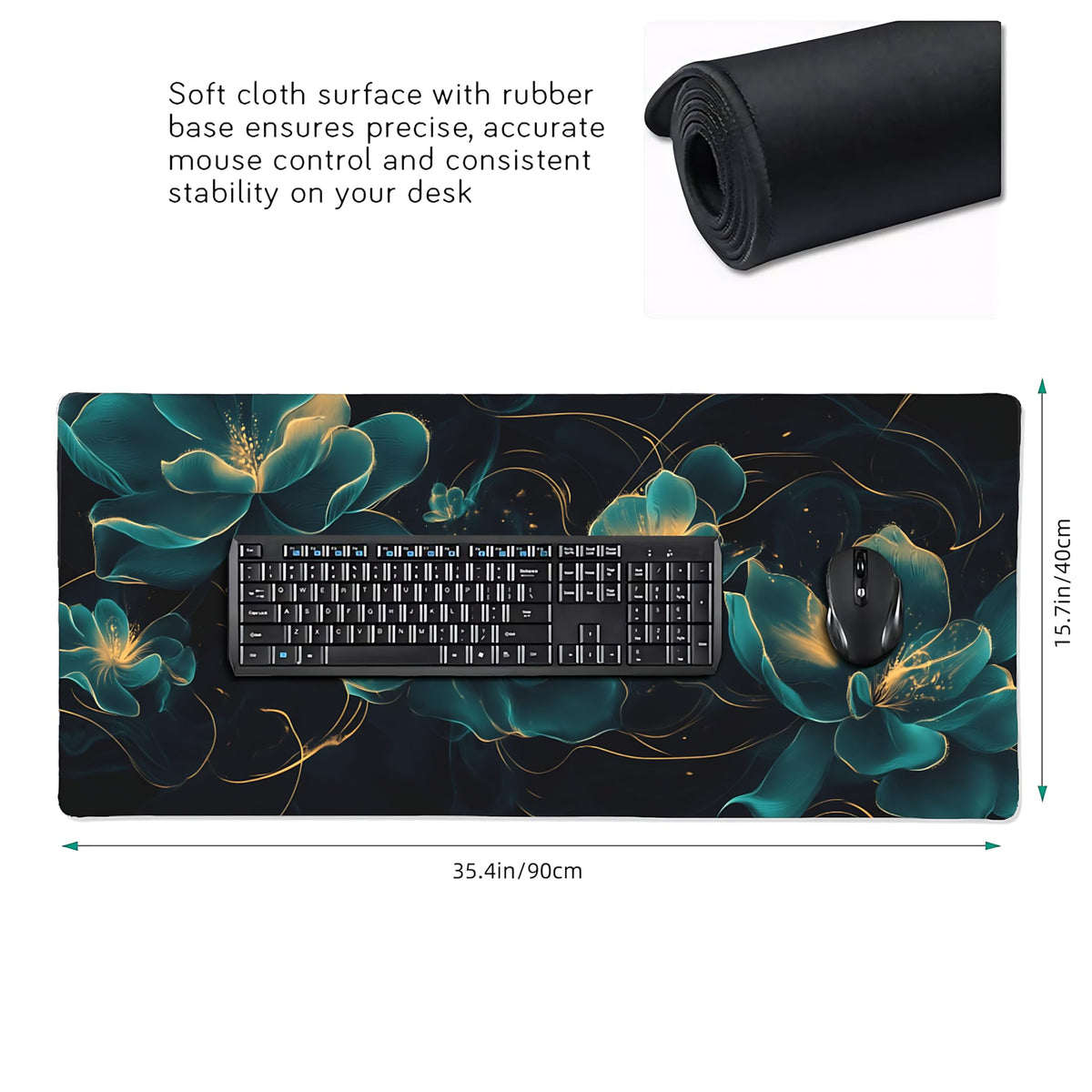 Floral Aesthetic Lotus Large Mouse Pad, Deep Blue Modern Desk Mat with Anti-Slip Base & Stitched