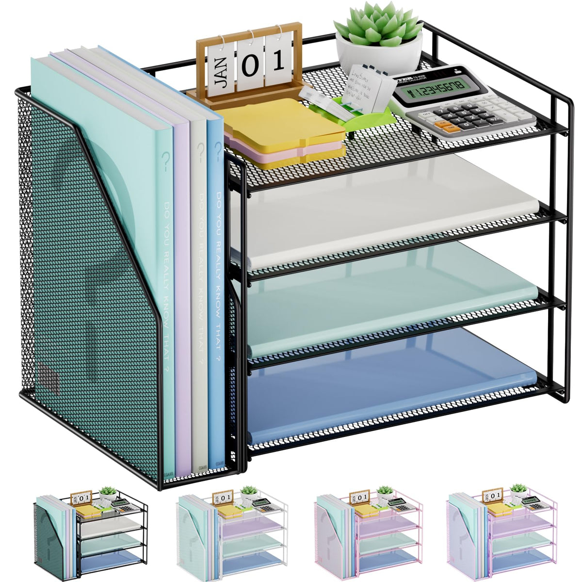 Marbrasse 4-Tier Paper Tray Organizer with File Holder, Black