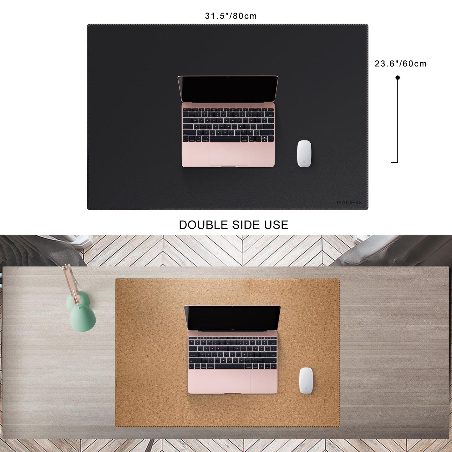 MAIDERN Cork & Leather Desk Mat, 31.5” x 24” Large Desk Pad (Black)