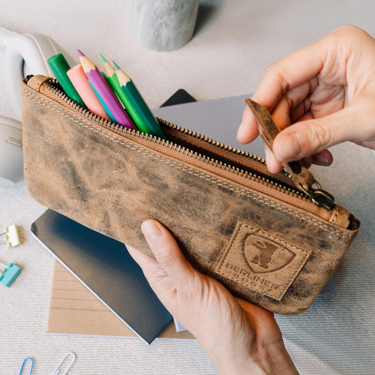 BERLINER BAGS Genuine Leather Pencil Case, Vintage Pen Pouch - Brown