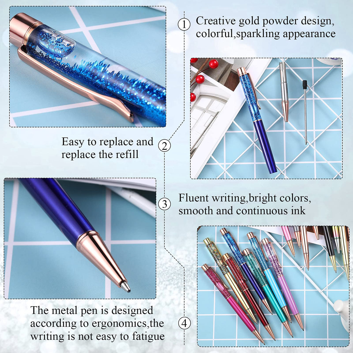 HESTYA 16 Pcs Glitter Crystal Ballpoint Pens Bulk for Women, Liquid Style