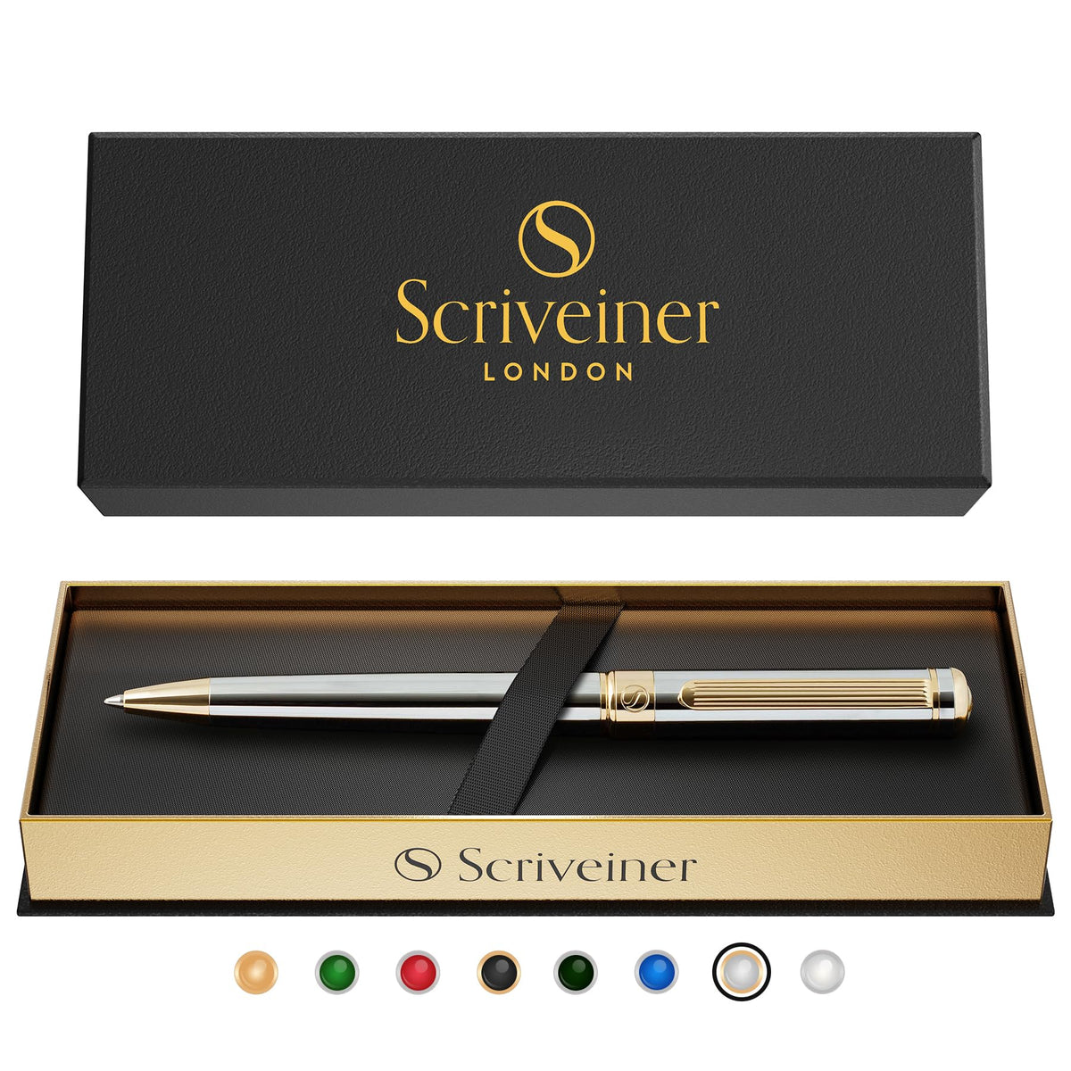 Scriveiner Silver Chrome Ballpoint Pen - Stunning Luxury Pen, Real Gold Plating, Schmidt Black