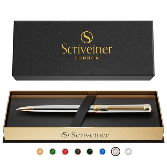 Scriveiner Silver Chrome Ballpoint Pen - Stunning Luxury Pen, Real Gold Plating, Schmidt Black