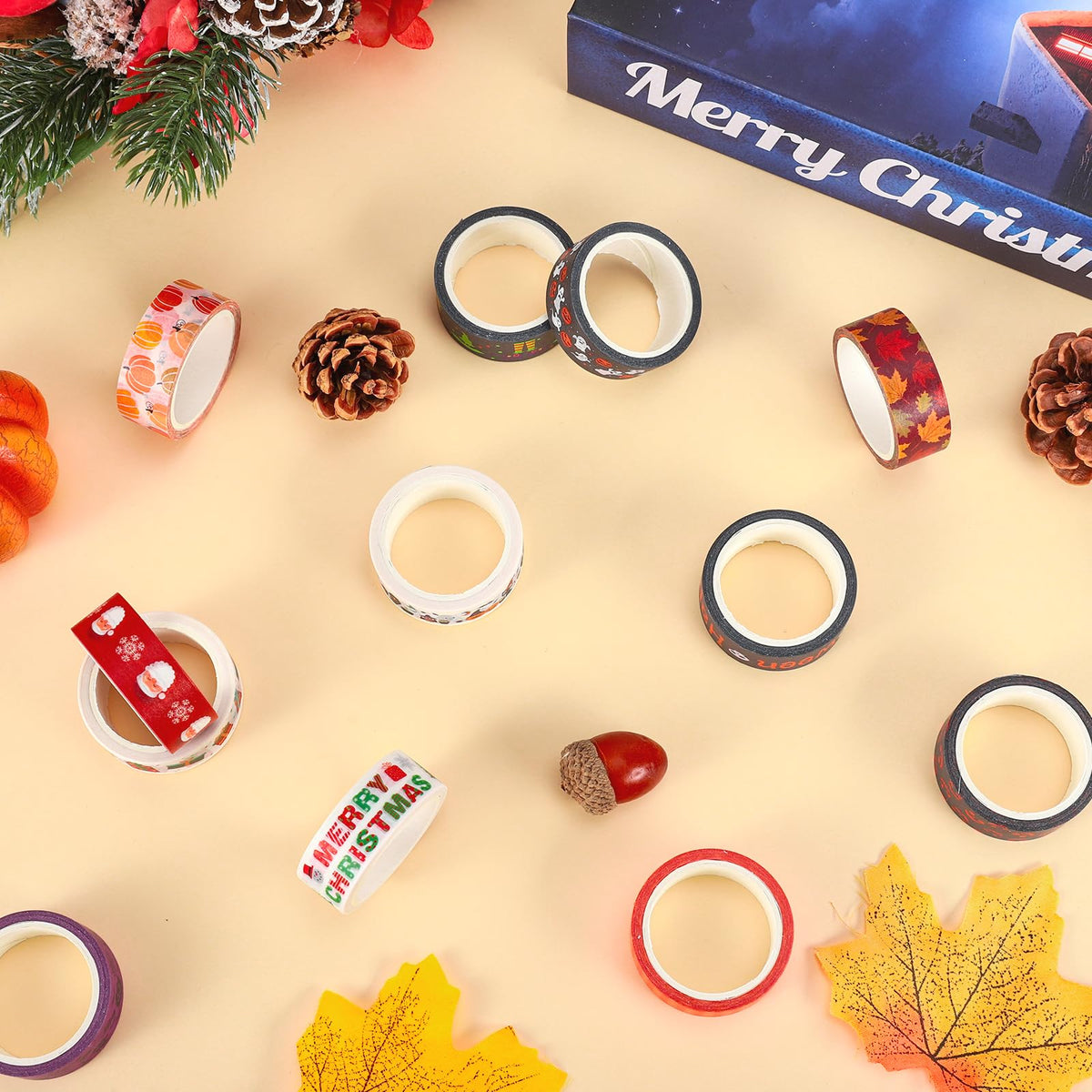 Whaline 24 Rolls Fall Halloween Christmas Washi Tape Masking Tape Set Holiday Wrapping Paper Tapes