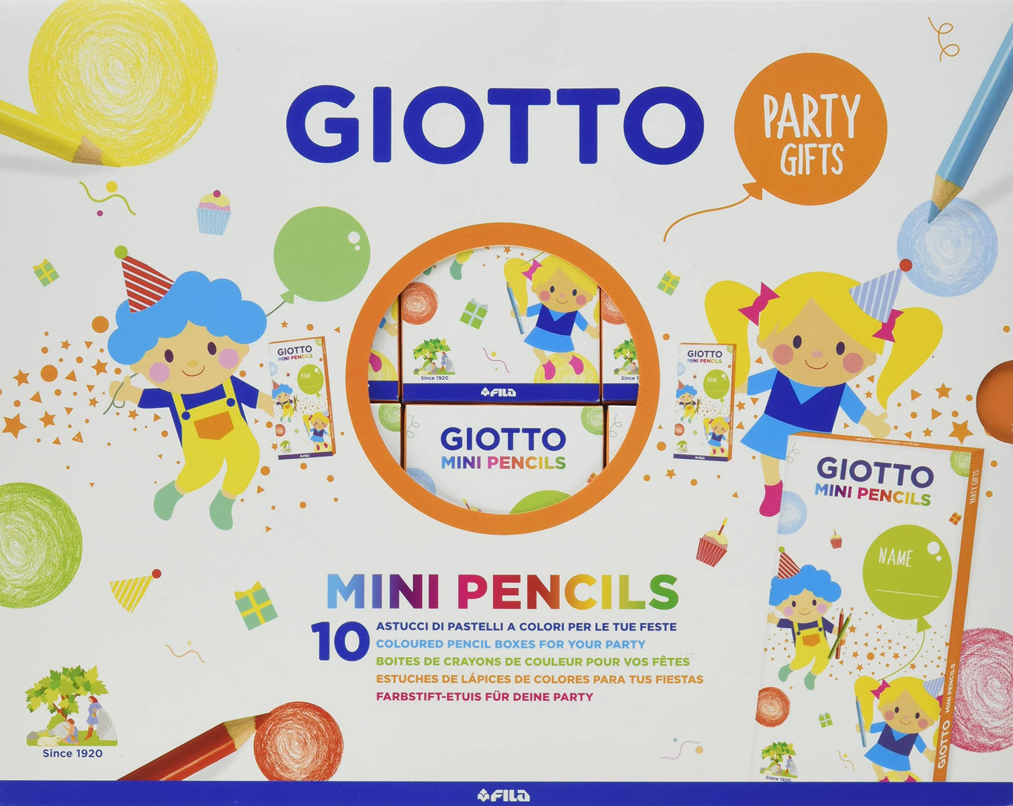 GIOTTO Kids 10 x Party Gift Sets with 6 Mini Colouring Pencils, Assorted Colours, Super Washable