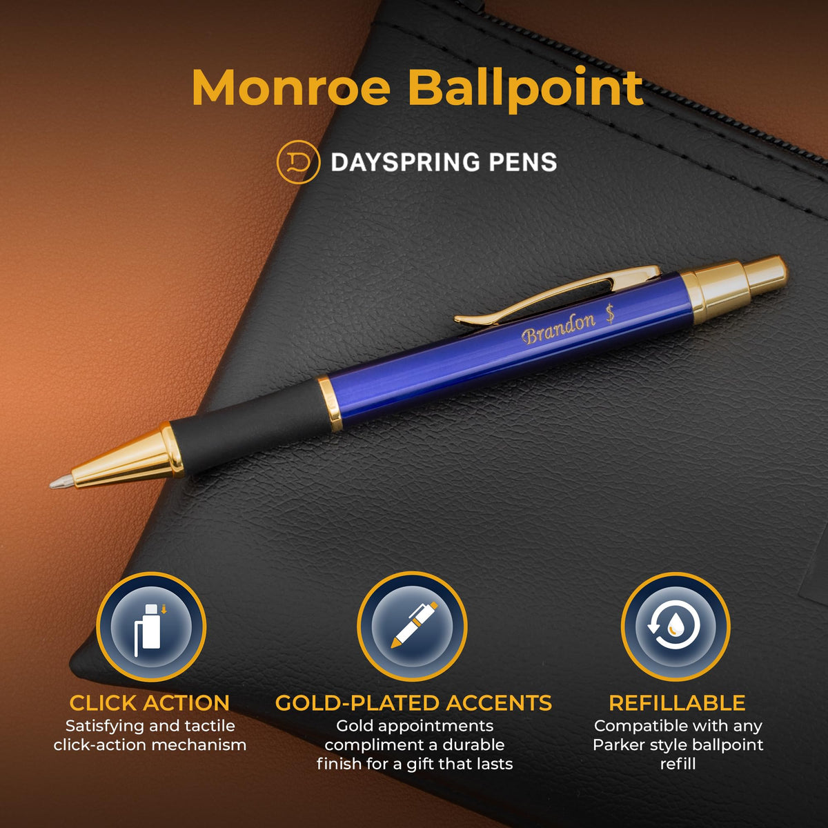 Dayspring Pens Monroe Personalized Ballpoint Pen in Blue Lacquer, Gold Trim